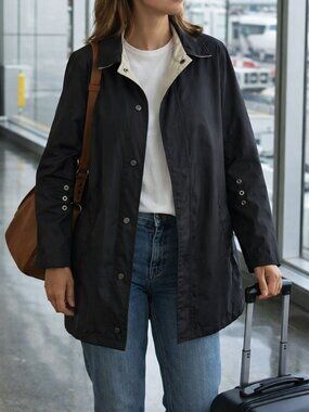 REVERSIBLE Black/Beige Lightweight Windbreaker Raincoat Jacket Travel Size L